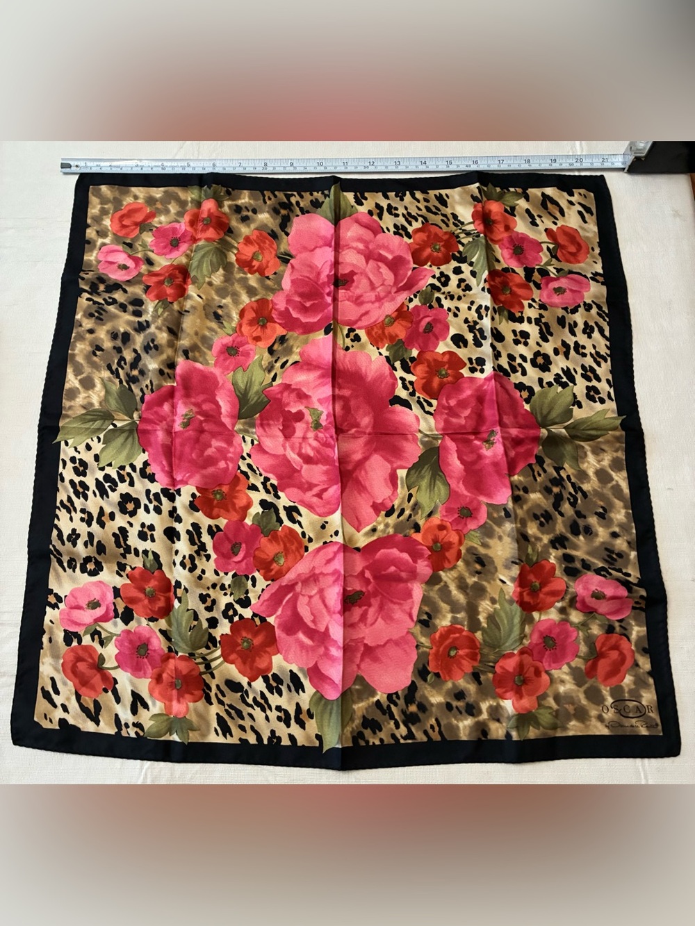 Oscar de la Renta Pink and Red Floral on Leopard Silk Scarf